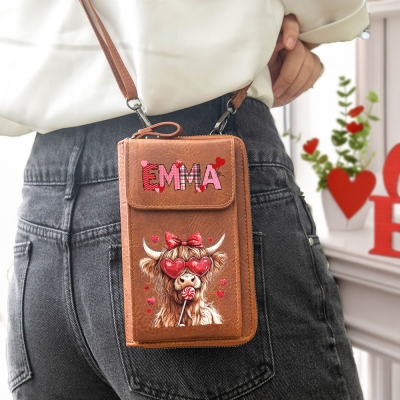 Custom Name Coquette Bow Highland Cow Leather Crossbody Cellphone Bag, Phone Wallet Purse with Adjustable Shoulder Strap, Valentine's Day Gift for Her