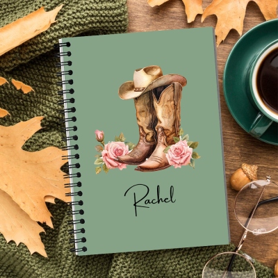 Custom Name Birth Flower Cowgirl Boots A5 Spiral Notebook, Floral Western Boots Softcover Lined Notebook, Birthday/Wedding Gift for Women/Bridesmaids