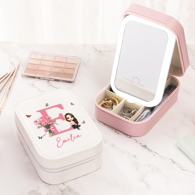 Personalized Cartoon Character & Birth Flower Leather Jewelry Box with Initial, Travel Makeup Mirror Box with LED Lights, Birthday Gift for Mom/Her