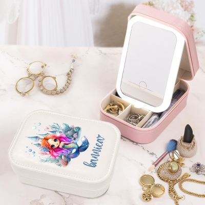 Personalized Cute Cartoon Mermaid Castle Leather Jewelry Box with Name, Multi-functional Makeup Mirror Box with Adjustable LED Lights, Gifts for Her