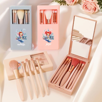 Personalized Cute Cartoon Mermaid Castle Makeup Brush Box Set, Makeup Brush Organizer with Brushes & Mirror, Birthday Gift for Woman/Girl/Her