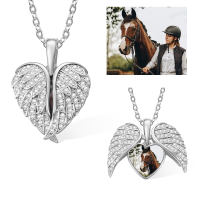 Custom Photo Angel Wings Heart Locket Necklace, Sterling Silver 925 Guardian Angel Wings Necklace with Cubic Zirconia, Memorial Gift for Horse Lovers