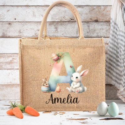 Personalized Name & Initial Easter Bunny Burlap Tote Bag, Large Capacity Rabbit Jute Bag, Easter Party Favor, Easter Gift for Kids/Teens/Boys/Girls