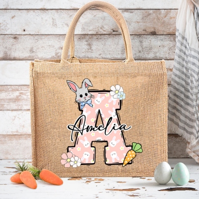 Custom Name & Initial Easter Bunny Burlap Tote Bag, Large Capacity Rabbit Floral Jute Bag, Easter Party Favor, Easter Gift for Kids/Teens/Boys/Girls