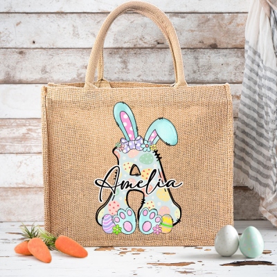 Custom Initial Bunny Ears Burlap Tote Bag with Name, Large Capacity Easter Alphabet Jute Bag, Easter Party Favor, Easter Gift for Kids/Boys/Girls