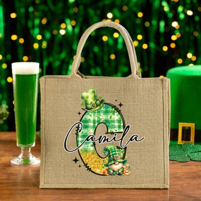 Personalized Initial St Patrick's Day Gnome Tote Bag with Name, Large Capacity Green Alphabet Jute Bag, St Patrick's Day Gift for Girls/Family/Friends