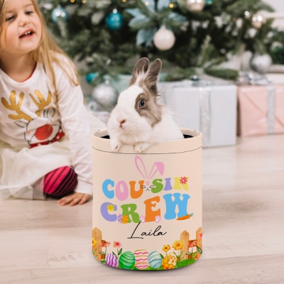 Personalized Cousin Crew Easter Basket Custom Name, Multicolor Handled Storage Basket for Easter Gifts, Family and Kids