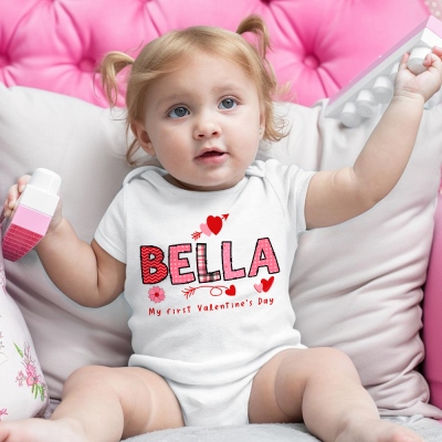 Personalized First Valentine's Day Long Short Sleeve Cotton Baby Onesie with Name, Cute Valentine's Day Gift for Newborn Infant Baby