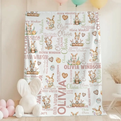 Personalized Cartoon Easter Bunny Word Cloud Blanket with Name, Flannel/Sherpa Soft Bed Couch Throw, Easter Home Decor, Easter/Birthday Gift for Kids