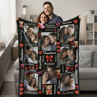 Personalized Couple Names Blanket with 1-8 Photos, Cozy Flannel/Sherpa Blanket, Home Decor, Valentine's Day/Anniversary/Wedding Gift for Couple/Lover