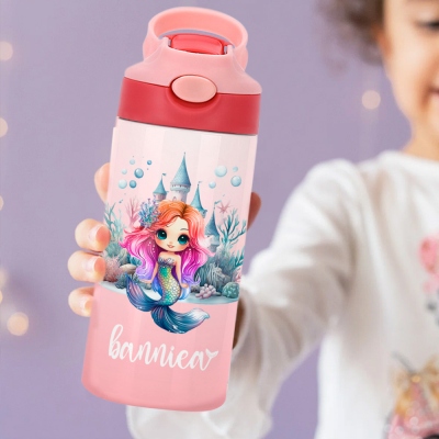 Personalized Cartoon Mermaid Castle Tumbler, 12oz Stainless Steel Tumbler with Straw & Handle, Birthday/Children's Day Gift for Daughter/Sister/Her