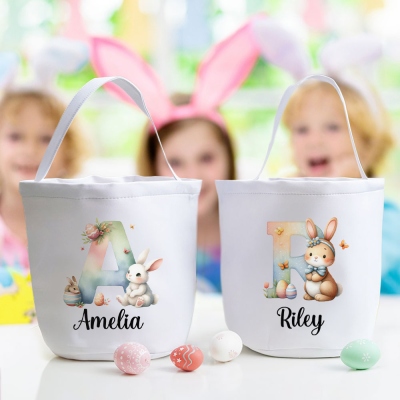 Custom Name & Initial Watercolor Bunny Easter Basket, Easter Egg Hunt Bucket Bag, Large Capacity Canvas Goodie Bag, Easter Gift for Kids/Boys/Girls