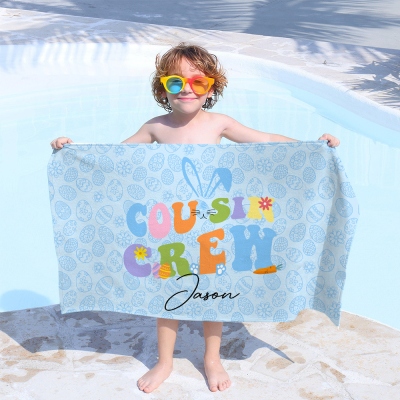 Personalized Cousin Crew Easter Beach Towel Custom Name, Multicolor Towel for Family and Kids