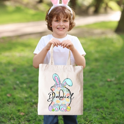 Personalized Initial & Name Easter Bunny Ears Tote Bag, Custom Letter Easter Eggs Hunt Bag, Large Capacity Canvas Bag, Easter Gift for Kids/Boys/Girls