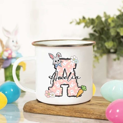 Personalized Initial & Name Bunny Floral Enamel Mug, 11oz Shatterproof Cup with Handle, Easter Party Favors, Easter Gift for Kids/Boys/Girls/Family