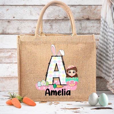 Personalized Easter Egg Cartoon Character Jute Bag, Custom Initial Name Large Capacity Burlap Tote Bag with Handle, Easter Gift for Kid/Boy/Girl