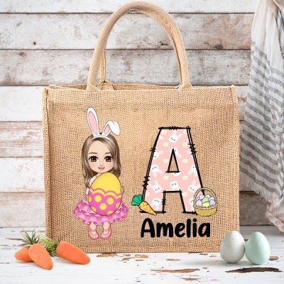 Personalized Cartoon Character Easter Bunny Jute Bag, Large Capacity Easter Egg Hunt Burlap Tote Bag, Easter Party Favor, Easter Gift for Kid/Boy/Girl