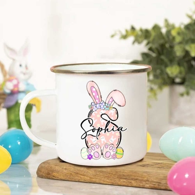 Personalized Easter Bunny Ears Kid's Mug with Name & Initial, 11oz Easter Eggs Enamel Mug, Easter Party Decor, Easter Gift for Kids/Boys/Girls