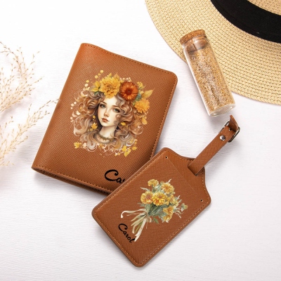 Personalized Name Anthropomorphic Birth Flower Passport Holder Set, Leather Passport Cover & Luggage Tag, Travel Accessories, Gift for Her/Mom/Friends