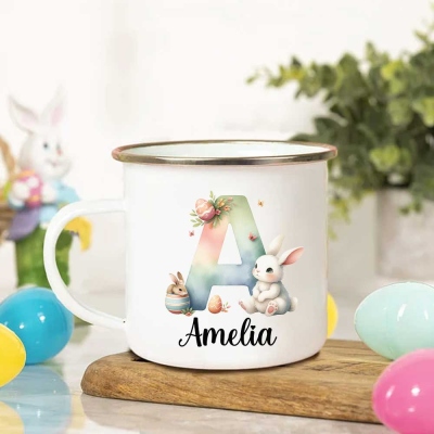 Personalized Initial & Name Watercolor Easter Bunny Enamel Mug, 11oz Hot Cocoa Coffee Mug, Easter Party Favor, Easter Gift for Kids/Teens/Boys/Girls