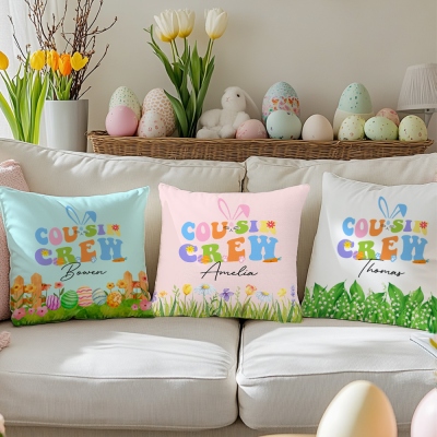 Personalized Cousin Crew Easter Pillow Custom Name, Soft Easter Throw Cushion for Family and Kids, Holiday Decor and Gift