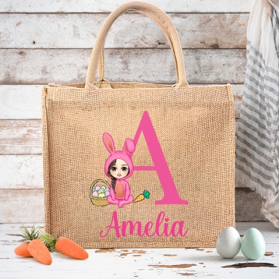 Personalized Cartoon Character Easter Bunny Egg Hunt Jute Bag, Reusable Burlap Tote Bag with Handle, Easter Gift Bag, Gift for Kid/Boy/Girl