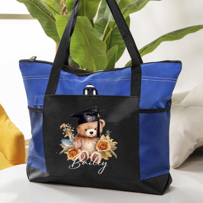 Personalized Name Bear with Graduation Hat Tote Bag, Large Capacity Oxford Cloth Handbag with Mesh Pocket, Graduation Party Favor, Gift for Graduates