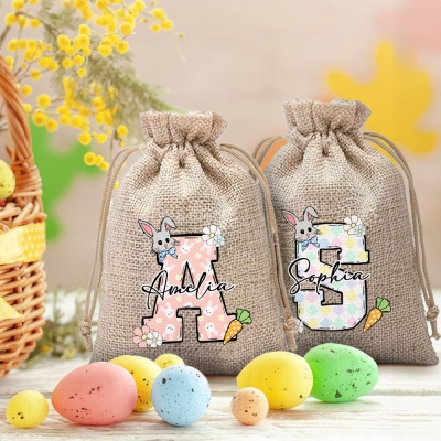 Custom Alphabet & Name Burlap Easter Bag with Drawstring, Rabbit Floral Jute Favor Pouch for Treats/Candies/Gadgets, Easter Gift for Kids/Boys/Girls