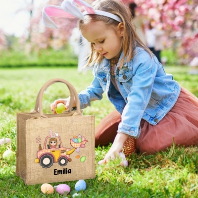 Personalized Bunny Ears Cartoon Character Excavator Easter Egg Hunt Jute Bag, Burlap Tote Bag with Handle, Easter Gift Bag, Gifts for Kids/Boys/Girls