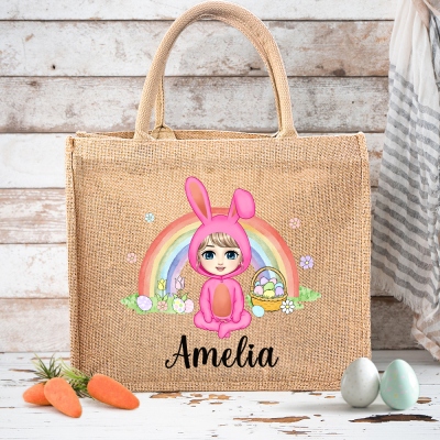 Personalized Easter Bunny Cartoon Character Floral Rainbow Jute Bag, Easter Egg Hunt Gift Bag, Easter Party Favor, Easter Gift for Kid/Boy/Girl