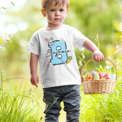 Custom Alphabet Easter Bunny Kid's T-Shirt with Name, Rabbit Floral Short Sleeve Cotton T-Shirt, Easter Outfit, Easter Gift for Kids/Teens/Boys/Girls