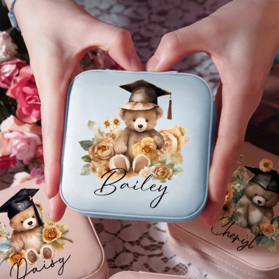 Personalized Name Bear with Graduation Hat Design Jewelry Box, PU Leather Travel Jewelry Case, Graduation Party Favor, Gift for Graduates/Friends/Her