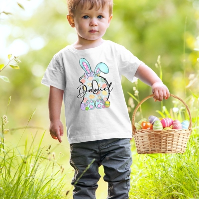 Personalized Alphabet Easter Bunny Ears Kid's T-Shirt with Name, Cotton Short Sleeve Easter Egg Hunt T-Shirt, Easter Gift for Kids/Teens/Boys/Girls