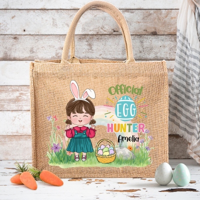 Personalized Cartoon Easter Egg Hunter in Rainbow Garden Jute Bag, Burlap Tote Bag with Name & Handle, Easter Gift Bag, Gift for Kid/Boy/Girl