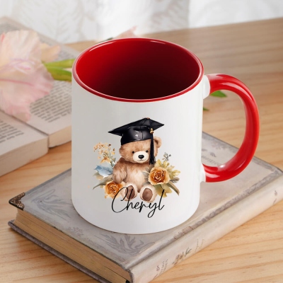 Personalized Name Cartoon Graduation Hat Bear Mug, 11oz Ceramic Two Tone Cup, Graduation Party Favor, Gift for Graduates/Students/Family/Friends