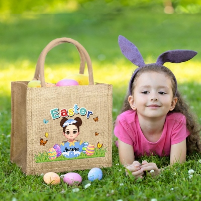 Personalized Easter Cartoon Character Eggshell Butterfly Jute Bag, Burlap Tote Bag with Name & Handle, Easter Gift Bag, Easter Gift for Kid/Boy/Girl