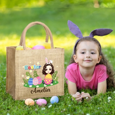 Personalized Cartoon Character Lawn Easter Egg Hunt Jute Bag, Large Capacity Tote Bag with Handle, Easter Party Favor, Easter Gift for Kid/Boy/Girl