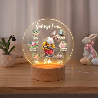 Personalized Name Cartoon Career Bunny LED Night Lamp, God Says I Am Acrylic Night Light with Wooden Base, Easter Gift for Kids/Boys/Girls/Christians