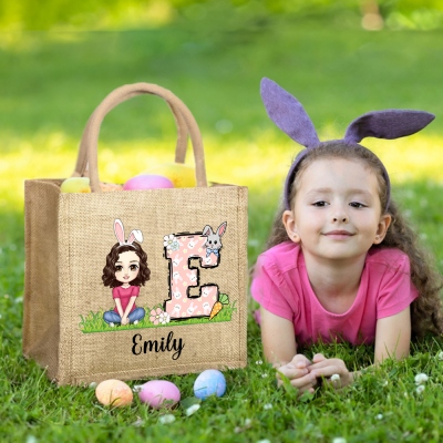 Personalized Funny Easter Bunny Cartoon Character Jute Bag, Custom Name Initial Easter Egg Hunt Bag, Easter Party Favor, Easter Gift for Kid/Boy/Girl