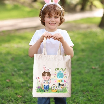 Personalized Cartoon Easter Egg Hunter in Rainbow Garden Canvas Bag, Custom Name Reusable Grocery Bag, Easter Gift Bag, Gift for Kid/Boy/Girl