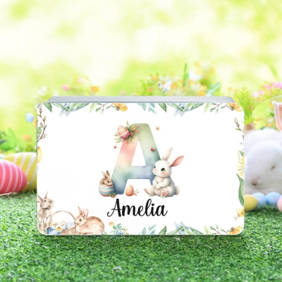 Custom Initial & Name Bunny Treat Tin with Lid, Bunny & Easter Eggs Tinplate Box Cookie Container, Easter Party Favor, Easter Gift for Kids/Boys/Girls