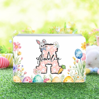 Custom Alphabet & Name Bunny Treat Tin with Lid, Rabbit Floral Tinplate Box Cookie Container, Easter Party Favor, Easter Gift for Kids/Boys/Girls