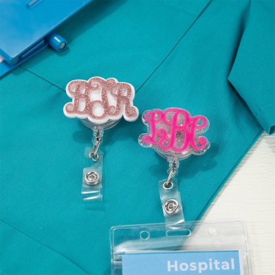 Personalized Monogram Glitter Retractable Badge Reel, Acrylic ID Badge Holder Clip, Medical Badge Reel, Gift for Nurses/Doctors/Dentists/Medical Staff