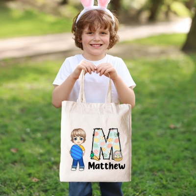 Personalized Cartoon Character Hug Easter Egg Canvas Bag with Initial, Custom Name Easter Tote Bag, Easter Gift Bag, Easter Gift for Kid/Adult