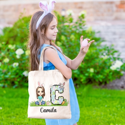 Personalized Easter Bunny Cartoon Character Tote Bag, Custom Name Initial Easter Gift Bag, Reusable Shopping Cloth Bag, Easter Gift for Kid/Adult