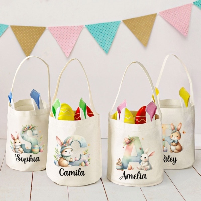 Custom Name Initial Watercolor Bunny Easter Basket, Easter Egg Hunt Bucket Bag with Bunny Ears, Cotton Linen Goodie Bag, Easter Gift for Kids/Toddlers