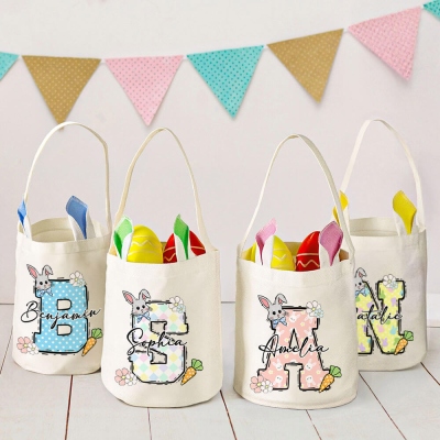 Custom Name & Alphabet Floral Bunny Easter Basket, Easter Egg Hunt Bucket Bag with Bunny Ears, Cotton Linen Goodie Bag, Easter Gift for Kids/Toddlers