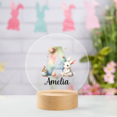 Custom Name & Initial Watercolor Bunny LED Night Lamp, Acrylic Night Light with Wooden Base, Bedroom Decor, Birthday/Easter Gift for Kids/Boys/Girls