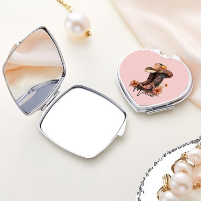 Custom Name Birth Flower Cowgirl Boots Compact Mirror, Double-sided Makeup Mirror in Square, Heart & Oval Shape, Pocket Travel Mirror, Gift for Women