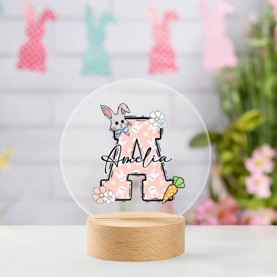 Personalized Name & Initial Floral Bunny LED Night Lamp, Acrylic Night Light with Wooden Base, Bedroom Decor, Birthday/Easter Gift for Kids/Boys/Girls